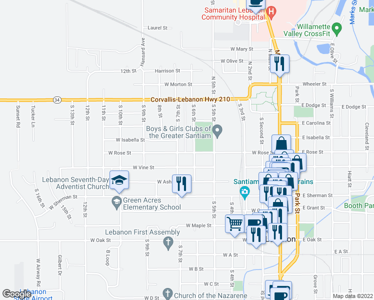map of restaurants, bars, coffee shops, grocery stores, and more near 545 West Rose Street in Lebanon