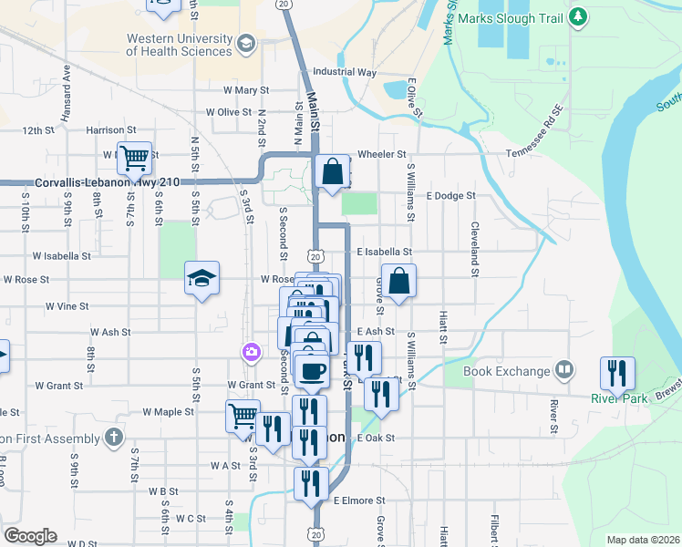 map of restaurants, bars, coffee shops, grocery stores, and more near 325 Park Street in Lebanon