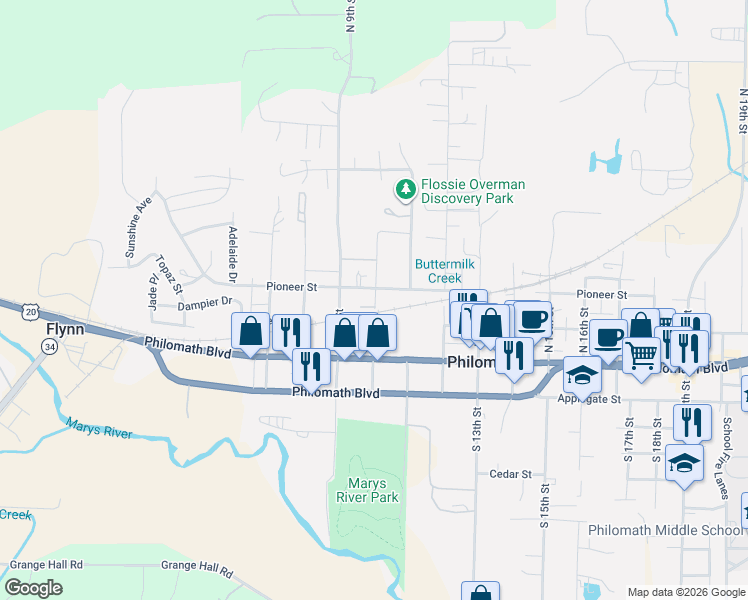 map of restaurants, bars, coffee shops, grocery stores, and more near 307 North 10th Street in Philomath