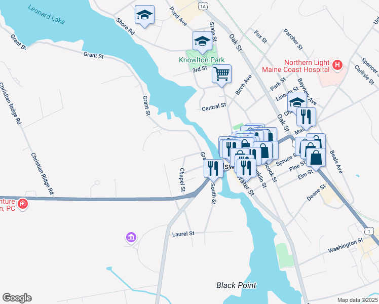 map of restaurants, bars, coffee shops, grocery stores, and more near 40 Grant Street in Ellsworth