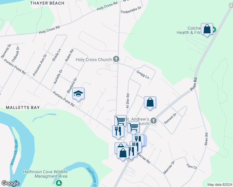 map of restaurants, bars, coffee shops, grocery stores, and more near 582 Church Road in Colchester