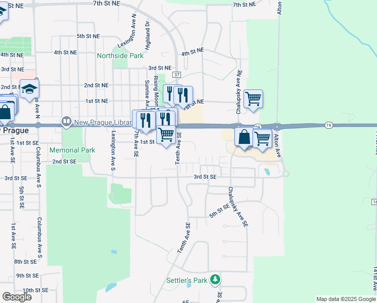 map of restaurants, bars, coffee shops, grocery stores, and more near 1067-1101 1st Street Southeast in New Prague
