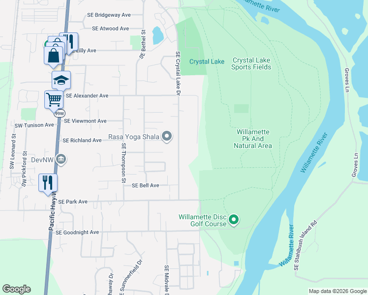 map of restaurants, bars, coffee shops, grocery stores, and more near 2345 Southeast Crystal Lake Drive in Corvallis