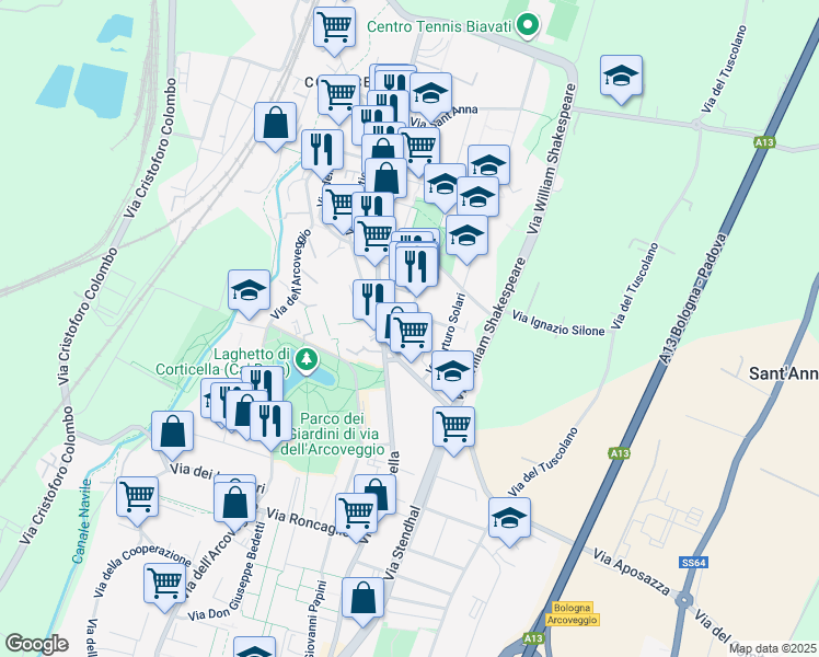 map of restaurants, bars, coffee shops, grocery stores, and more near 2-6 Via Raffaele Pettazzoni in Bologna