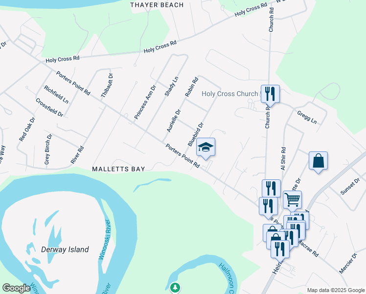 map of restaurants, bars, coffee shops, grocery stores, and more near 63 Bluebird Drive in Colchester