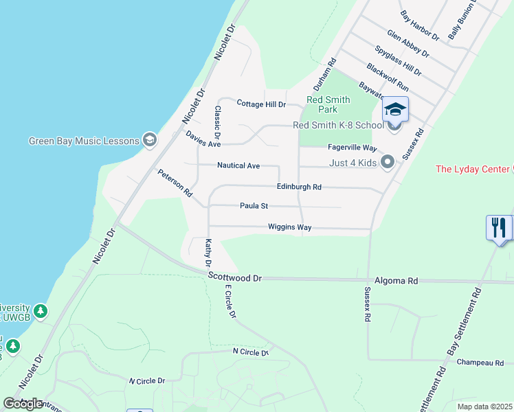 map of restaurants, bars, coffee shops, grocery stores, and more near 3366 Edinburgh Road in Green Bay