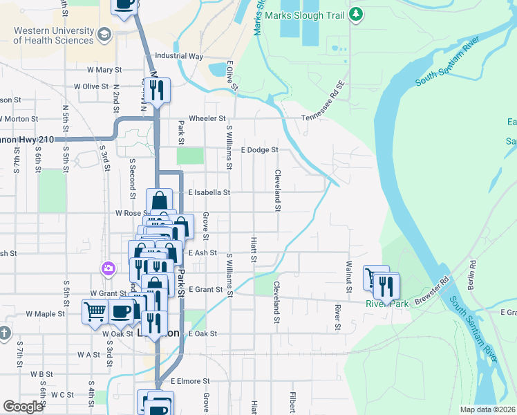 map of restaurants, bars, coffee shops, grocery stores, and more near 404 East Isabella Street in Lebanon