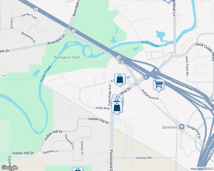 map of restaurants, bars, coffee shops, grocery stores, and more near 2703 South Memorial Drive in Green Bay