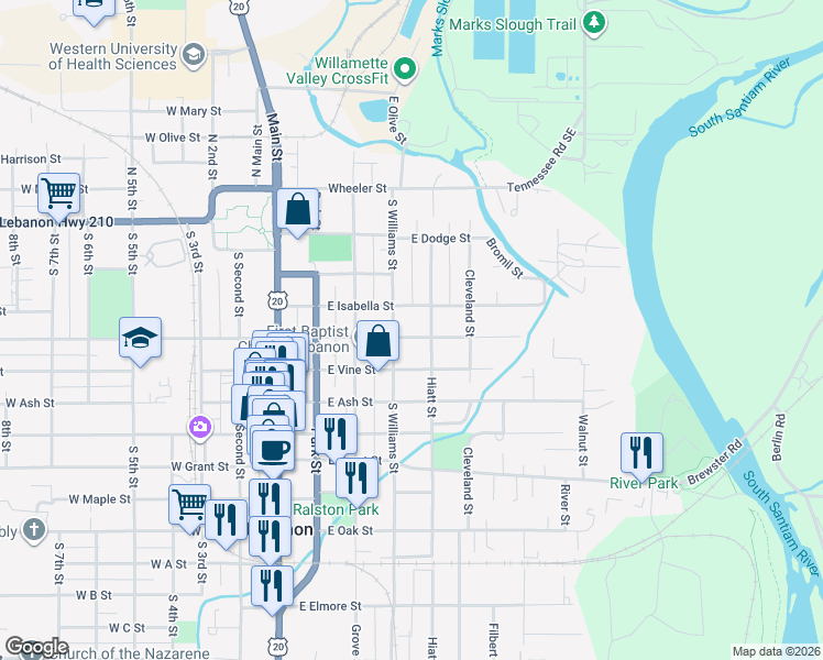 map of restaurants, bars, coffee shops, grocery stores, and more near 320 East Isabella Street in Lebanon