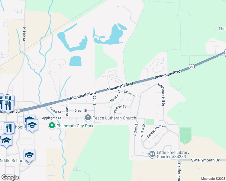 map of restaurants, bars, coffee shops, grocery stores, and more near 2814 Newton Place in Philomath
