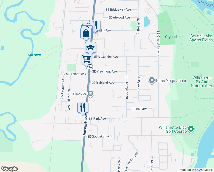map of restaurants, bars, coffee shops, grocery stores, and more near 275 Southeast Richland Avenue in Corvallis