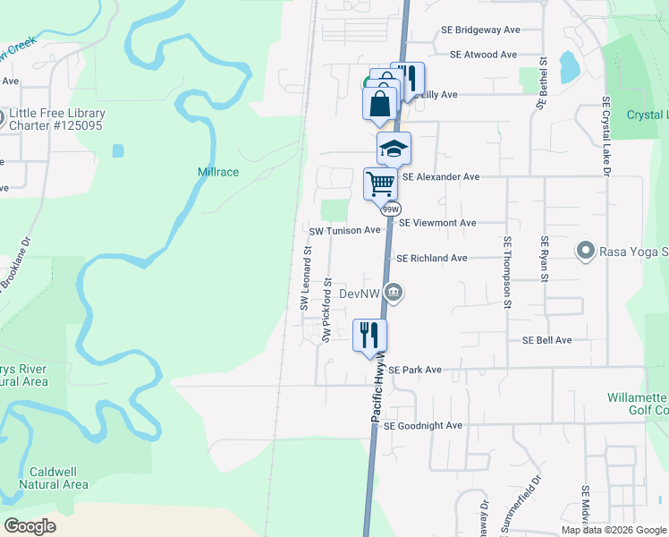 map of restaurants, bars, coffee shops, grocery stores, and more near 2365 Southwest Pickford Street in Corvallis