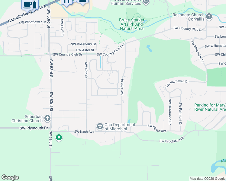 map of restaurants, bars, coffee shops, grocery stores, and more near 4635 Southwest Birdsong Drive in Corvallis