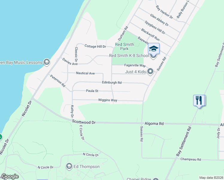 map of restaurants, bars, coffee shops, grocery stores, and more near 3428 Edinburgh Road in Green Bay