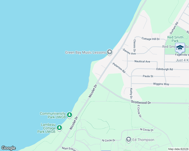 map of restaurants, bars, coffee shops, grocery stores, and more near 2697 Nicolet Drive in Green Bay