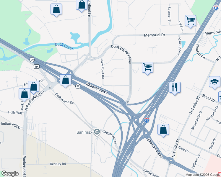 map of restaurants, bars, coffee shops, grocery stores, and more near 2450 Hummingbird Drive in Green Bay
