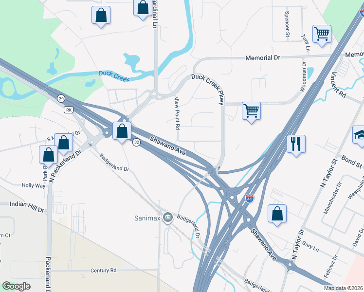 map of restaurants, bars, coffee shops, grocery stores, and more near 148 View Point Road in Green Bay