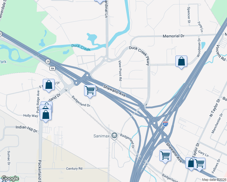 map of restaurants, bars, coffee shops, grocery stores, and more near Shawano Avenue in Howard