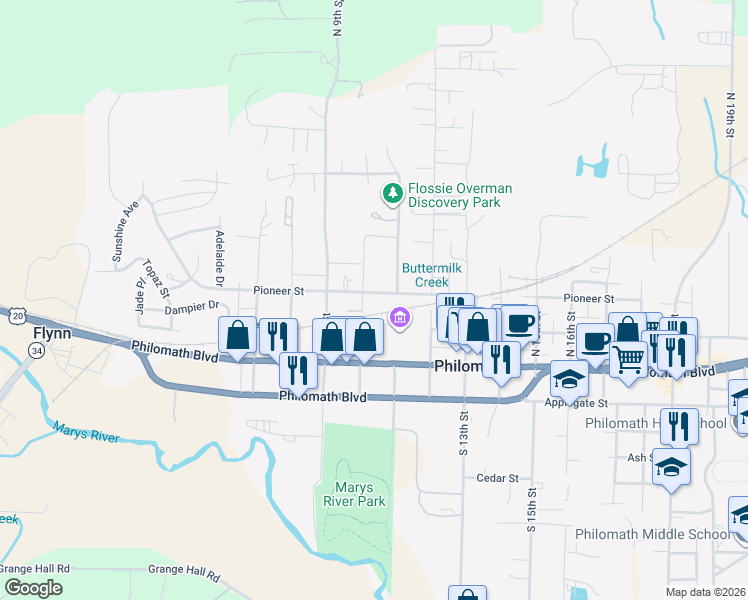 map of restaurants, bars, coffee shops, grocery stores, and more near 307 North 10th Street in Philomath
