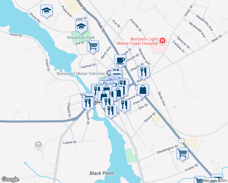 map of restaurants, bars, coffee shops, grocery stores, and more near 172 West Main Street in Ellsworth