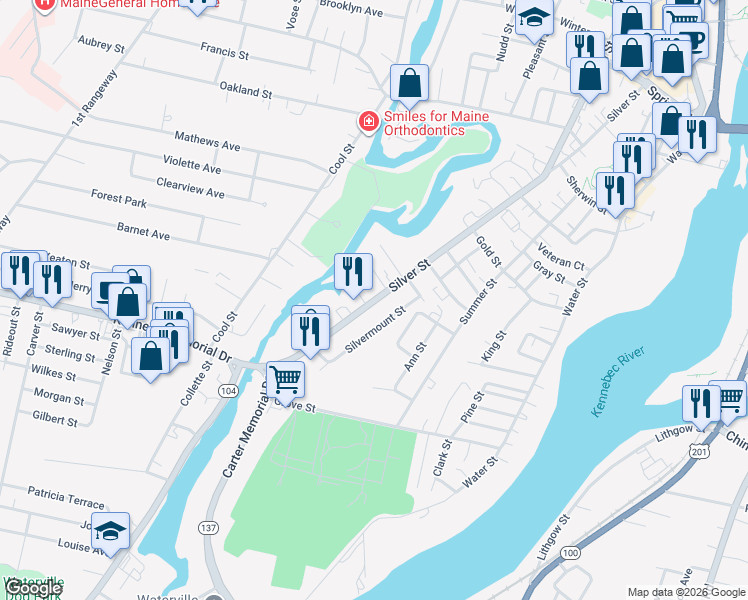 map of restaurants, bars, coffee shops, grocery stores, and more near 141 Silver Street in Waterville