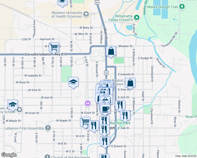 map of restaurants, bars, coffee shops, grocery stores, and more near 313 South Second Street in Lebanon