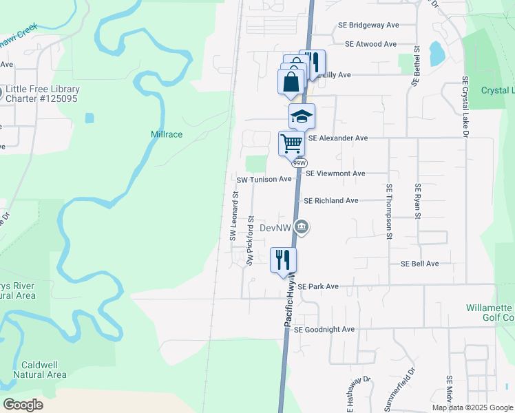 map of restaurants, bars, coffee shops, grocery stores, and more near 2365 Southwest Pickford Street in Corvallis