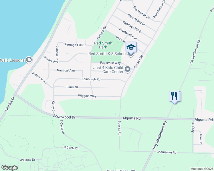 map of restaurants, bars, coffee shops, grocery stores, and more near 3458 Edinburgh Road in Green Bay
