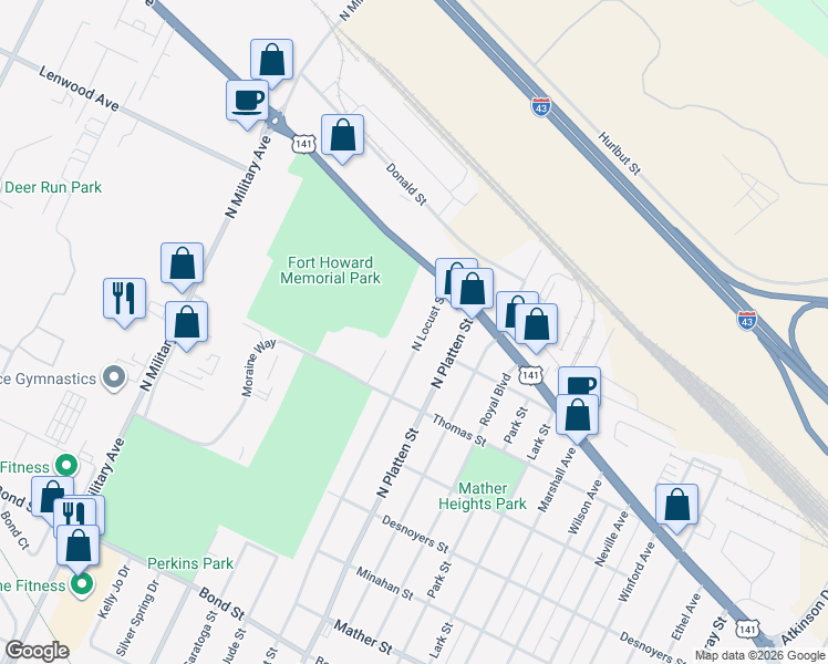 map of restaurants, bars, coffee shops, grocery stores, and more near 1259 North Locust Street in Green Bay