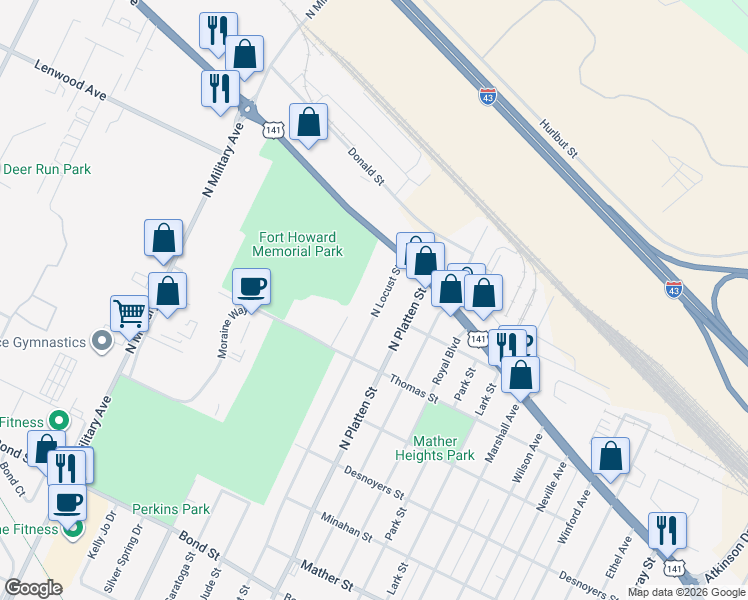 map of restaurants, bars, coffee shops, grocery stores, and more near 1259 North Locust Street in Green Bay