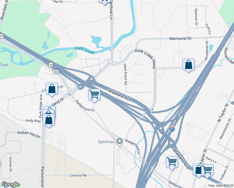 map of restaurants, bars, coffee shops, grocery stores, and more near Shawano Avenue in Howard