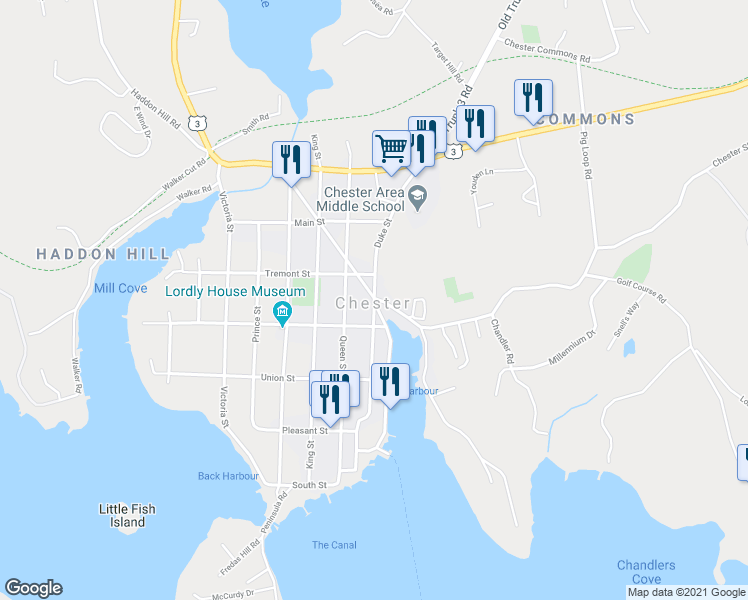 map of restaurants, bars, coffee shops, grocery stores, and more near 131 Duke Street in Chester