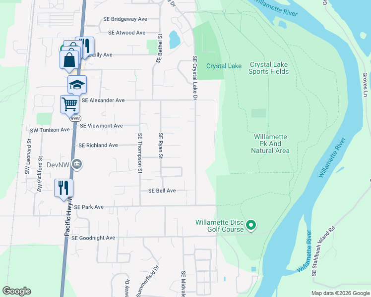 map of restaurants, bars, coffee shops, grocery stores, and more near 2410 Southeast Crystal Lake Drive in Corvallis