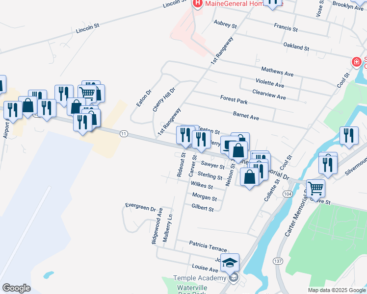 map of restaurants, bars, coffee shops, grocery stores, and more near 155 Kennedy Memorial Drive in Waterville