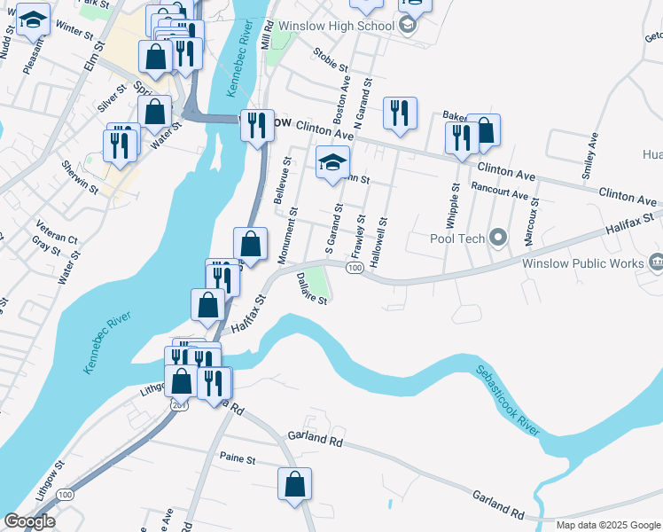map of restaurants, bars, coffee shops, grocery stores, and more near 42 Halifax Street in Winslow