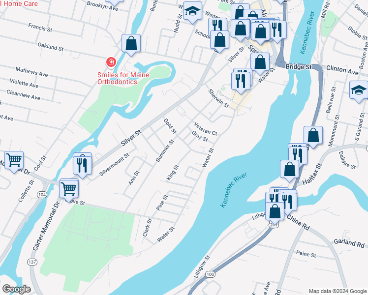 map of restaurants, bars, coffee shops, grocery stores, and more near 21 Gold Street in Waterville