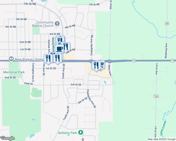 map of restaurants, bars, coffee shops, grocery stores, and more near 215 Chalupsky Avenue Southeast in New Prague