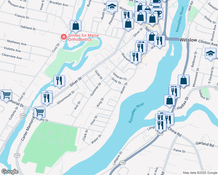map of restaurants, bars, coffee shops, grocery stores, and more near 20 Gold Street in Waterville