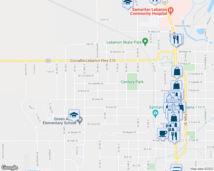 map of restaurants, bars, coffee shops, grocery stores, and more near 1260 South 7th Street in Lebanon