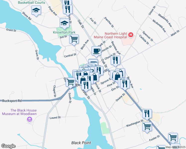 map of restaurants, bars, coffee shops, grocery stores, and more near 5 School Street in Ellsworth