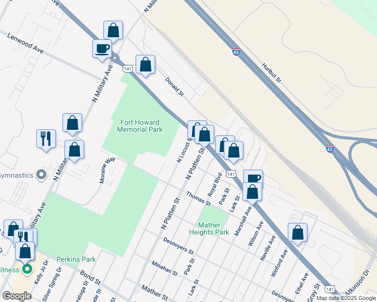 map of restaurants, bars, coffee shops, grocery stores, and more near 1314 North Locust Street in Green Bay