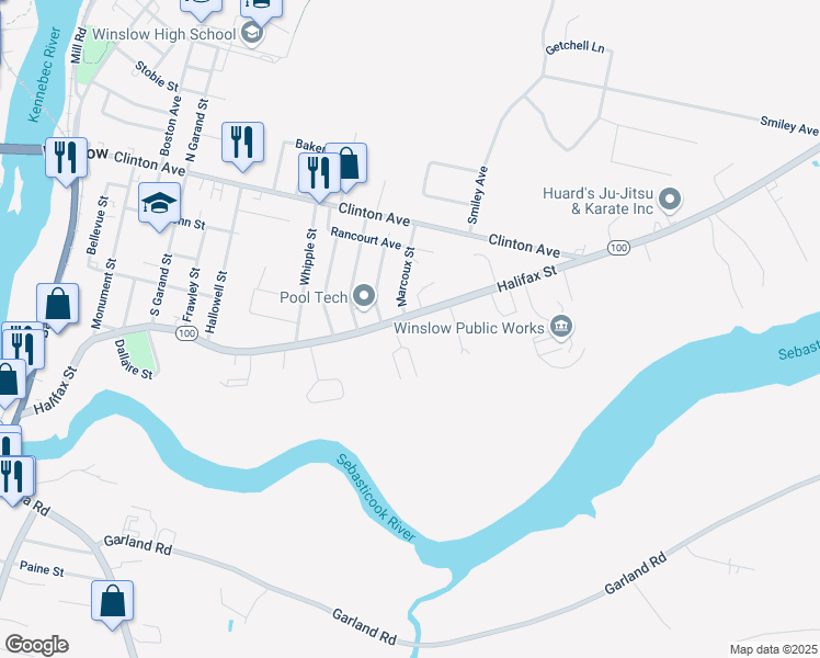 map of restaurants, bars, coffee shops, grocery stores, and more near 113 Halifax Street in Winslow