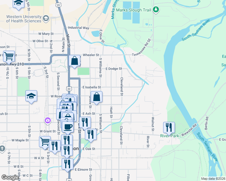map of restaurants, bars, coffee shops, grocery stores, and more near 404 East Isabella Street in Lebanon