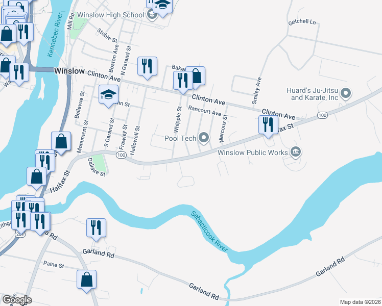 map of restaurants, bars, coffee shops, grocery stores, and more near 102 Halifax Street in Winslow