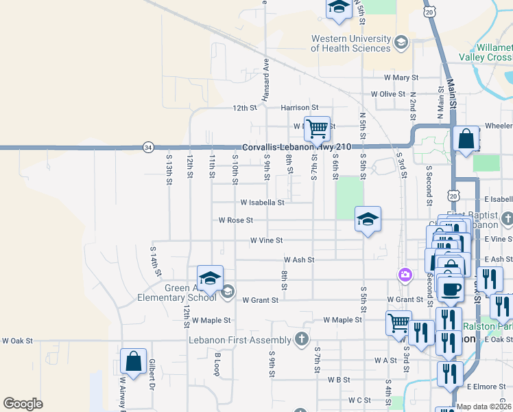 map of restaurants, bars, coffee shops, grocery stores, and more near 810 West Isabella Street in Lebanon