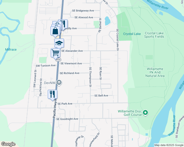 map of restaurants, bars, coffee shops, grocery stores, and more near 2385 Southeast Thompson Street in Corvallis