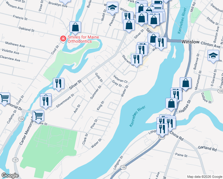 map of restaurants, bars, coffee shops, grocery stores, and more near 9 Gold Street in Waterville