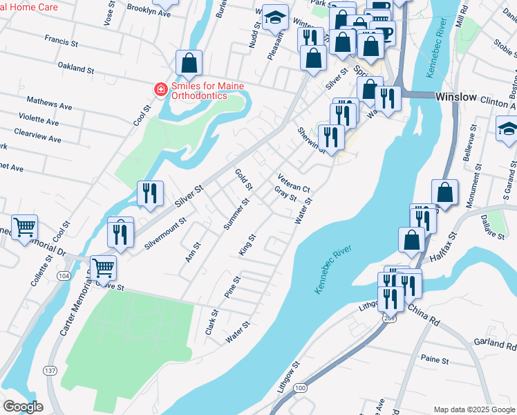 map of restaurants, bars, coffee shops, grocery stores, and more near 21 Gold Street in Waterville