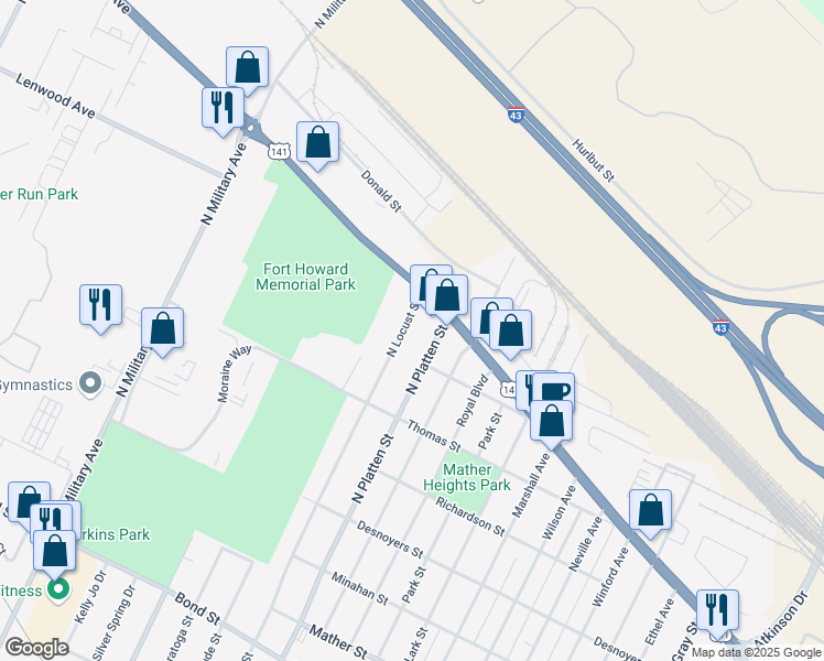 map of restaurants, bars, coffee shops, grocery stores, and more near 1314 North Locust Street in Green Bay