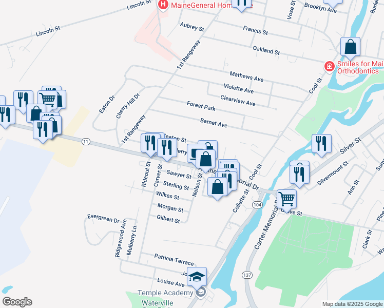 map of restaurants, bars, coffee shops, grocery stores, and more near 75 Merryfield Avenue in Waterville